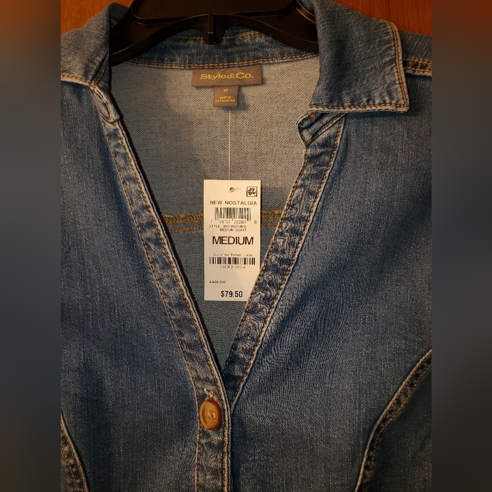 Style & Co Split Neckline Seamed Denim Button-Down Dress - Picture 6 of 7